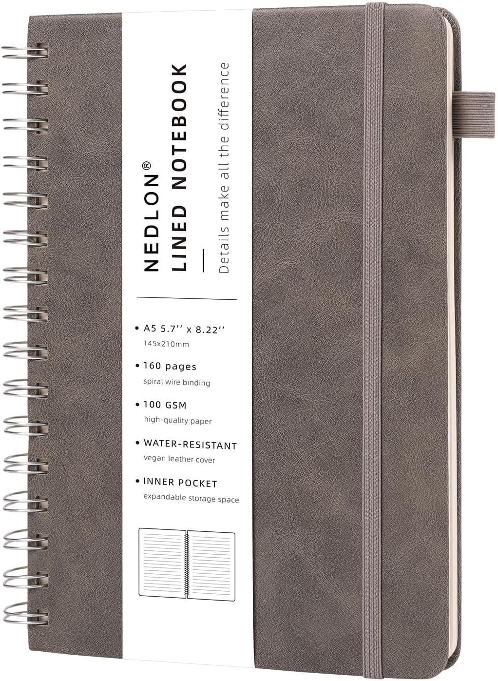 Lined Spiral Notebook Journal for Women Men 160 Pages A5 College Ruled Hardcover Leather with Pen Holder Notebook Journals for Note Taking Work (Black)