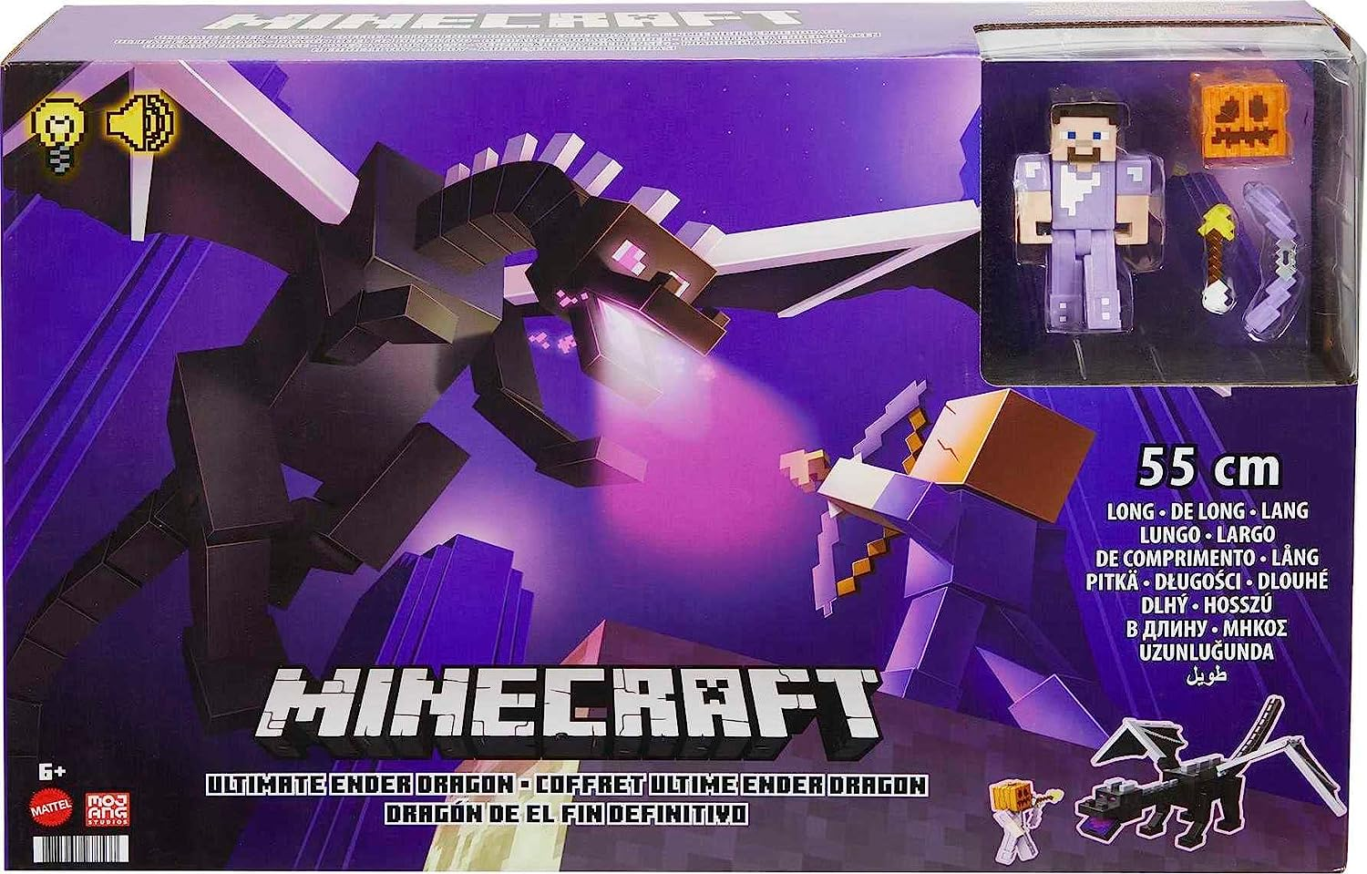 Mattel Minecraft Ultimate Ender Dragon Figure, 20-In Mist-Breathing Creature, plus 3.25-In Color-Change Steve Figure, Weapon, Amor and Battle Accessory, Gift for 6 Years Old and Up image number 5