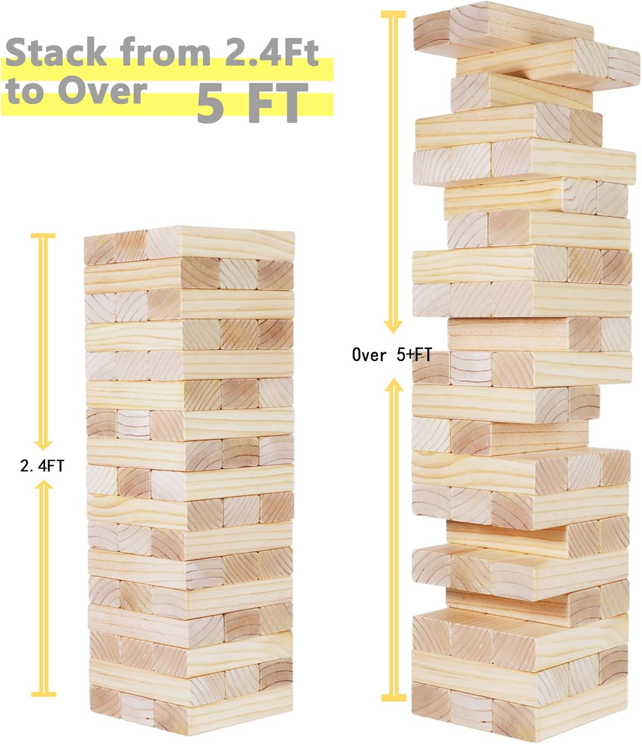 GOROCK Large Size Tumble Tower 60 PCS Wooden Block Stacking Games Stacks over 5FT Classic Indoor Outdoor Lawn Family Party Games for All Ages (7.15"X2.38"X1.43") (5FT)