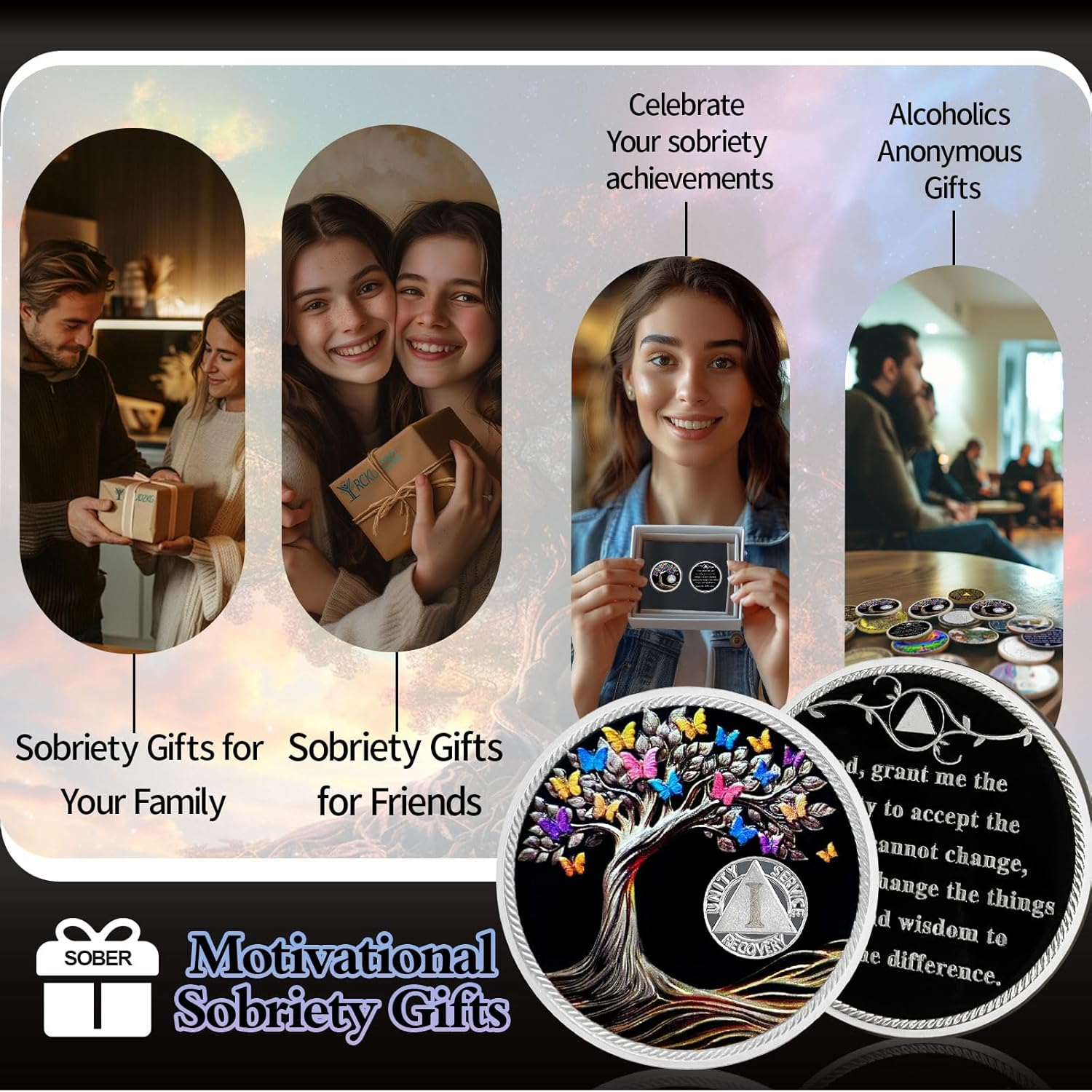 1 Year Sobriety Coin Butterfly Tree of Life AA Chips and Medallions Sobriety Recovery Chip Sober Token Sobriety Gifts for Men Women Celebrating Alcoholics Anonymous Recovery image number 2