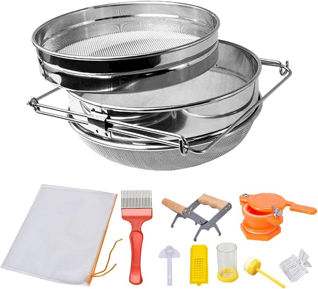 Honey Harvesting Honey Strainer Beekeeping Tool Kit, Set of 9, Double Honey Sieve Stainless Steel Honey Filter, Honey Gate, Frame Grip, Uncapping Fork, Queen Marker Tube, Feeder, Honey Filter Bag image number 1