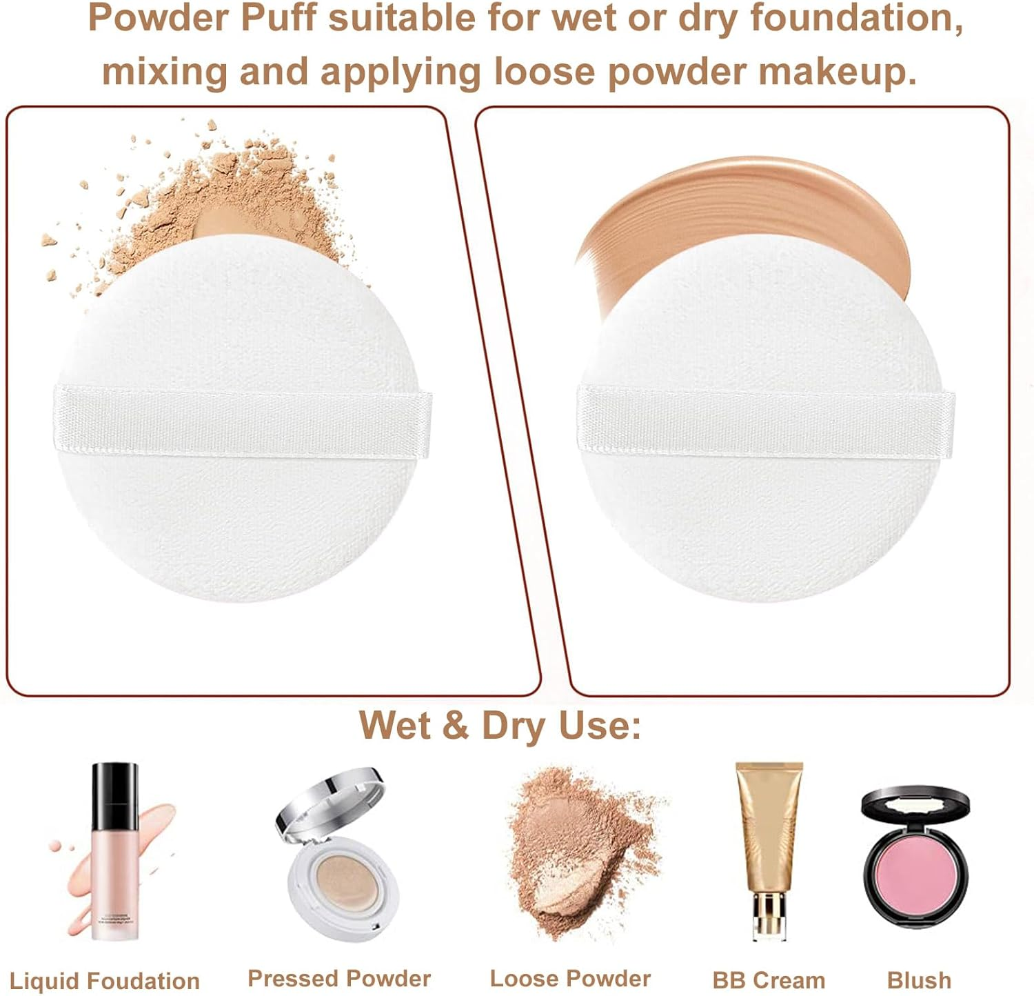 4 PCS Makeup Powder Puff,Washable 2.36 Inch Cotton Puff Pads with Ribbon,White round Beauty Tools for Loose Foundation Setting Puffs and Liquid Cosmetic image number 1