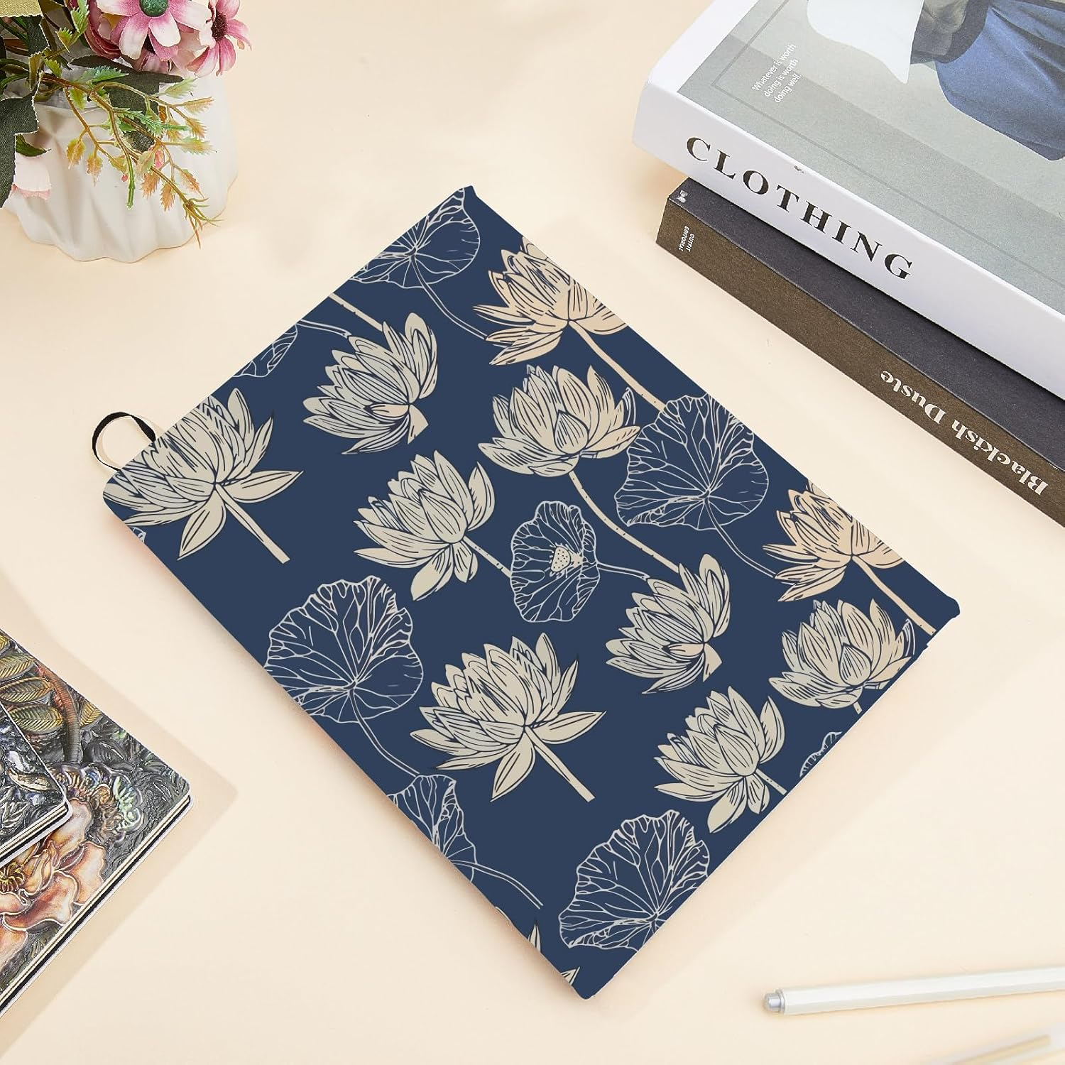 CRASPIRE Lotus Stretchable Book Cover Flower Vintage Ruffle Washable Reusable Large Nylon Book Protector Elastic Notebook Wraps Suitable for 9 X 11In Hardcover Books Classroom Students image number 6