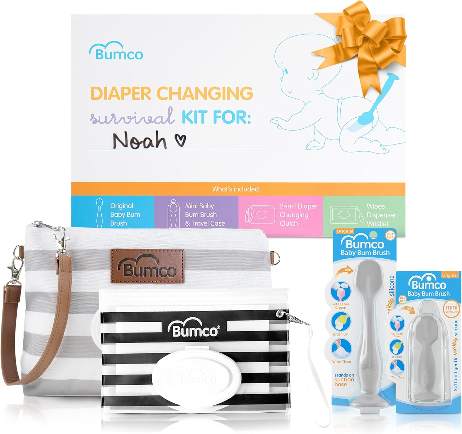Bumco Baby Gift Basket - Personalized Diaper-Changing Baby Gift Set, Gender Neutral Baby Gift with 2 Baby Bum Brushes (Original & Mini) + Diaper Clutch Bag + Wipes Wristlet, Newborn Gift Set