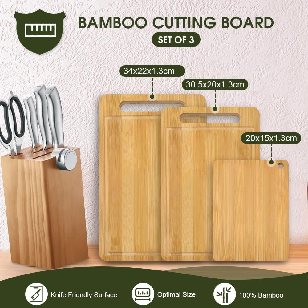 Chamgeco 3-Piece Reversible Bamboo Cutting Boards, Wooden Chopping Boards Set for Meat Vegetables Cheese, Chopping Mats Serving Tray with Juice Grooves & Handles Perfect for Meal Prep, Charcuterie