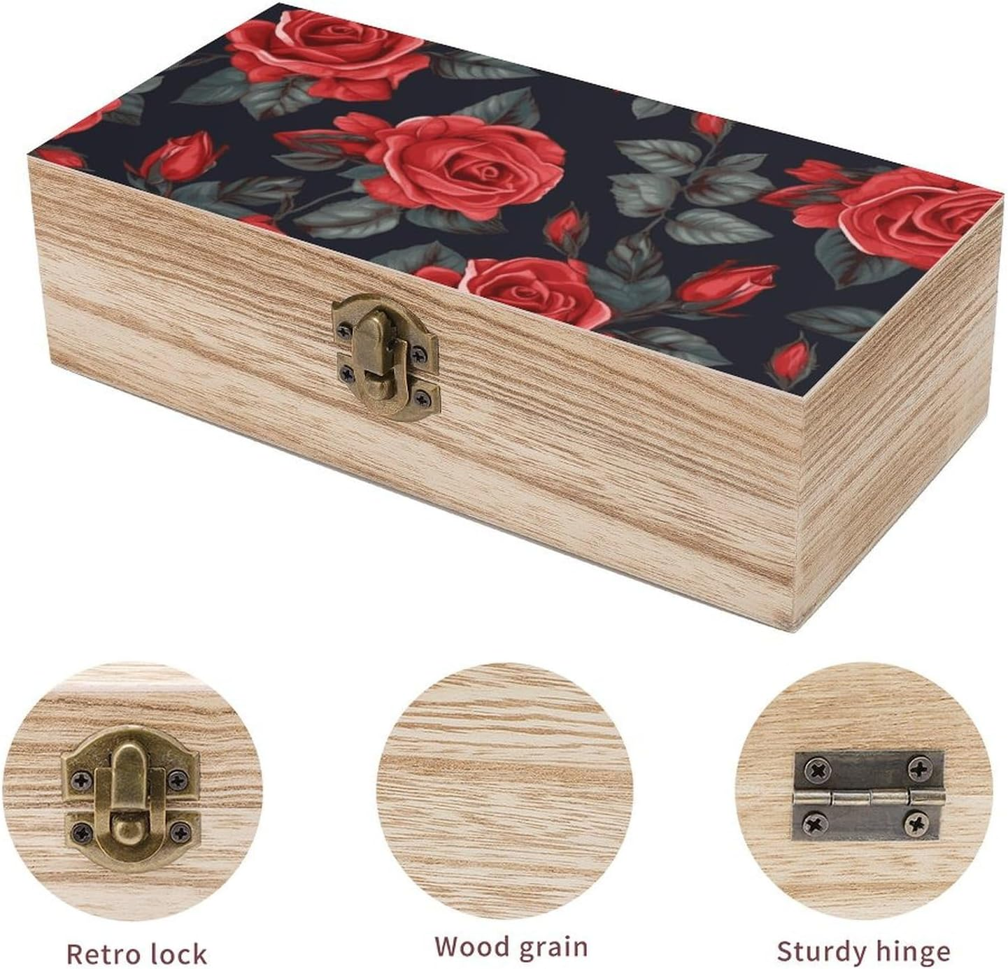 Red Rose Flowers Wooden Box Wood Wedding Keepsake Boxes with Lids Small Decorative Boxes Lightweight Wooden Memory Storage Box for Crafts Keepsakes Jewelry Photo Letter Storage image number 2