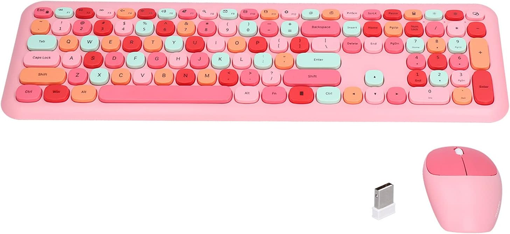 Wireless Keyboard and Mouse Set, Retro Style, Ergonomic Angle, Power Saving Technology, Multi Color, Mute Cover, for Home Office (Mixed Color Keyboard and Mouse Set)