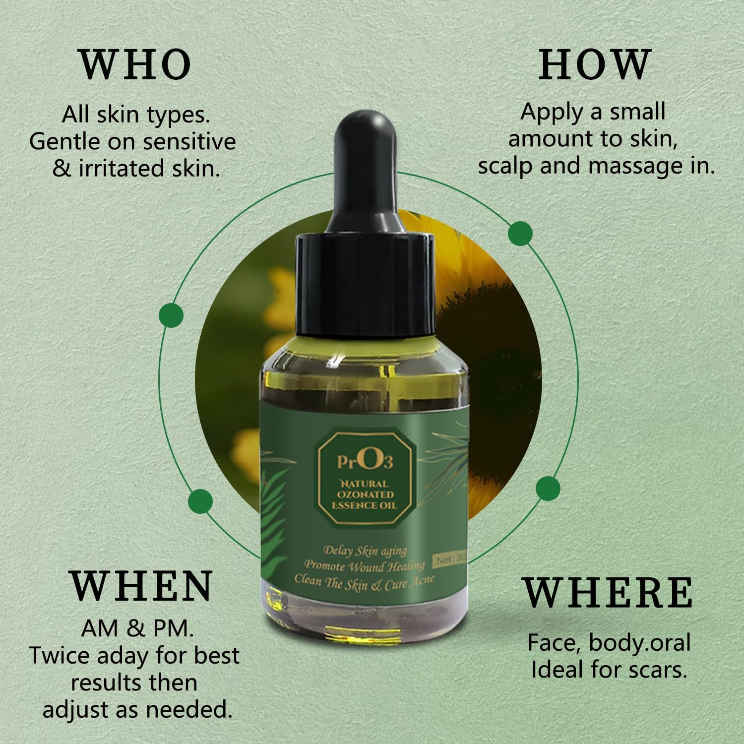 Ozoneted Sunflower Oil-100% Naturel Ozone Oil-1 Oz-Glass Dropper Bottle-Organic Skincare Essence- Rich in Reactive Oxygen.