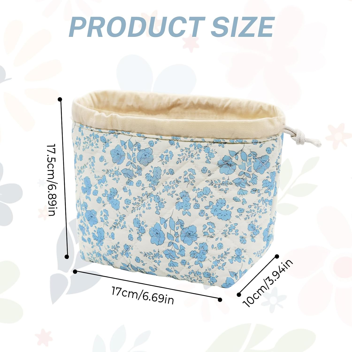 LJCZKA Makeup Bag with Drawstring, Small Quilted Cosmetic Bag, Cute Organiser, Cotton Toiletry Bag, Aesthetic Portable Travel Toiletry Bag for Women and Girls, Blue Flowers, Cute image number 4