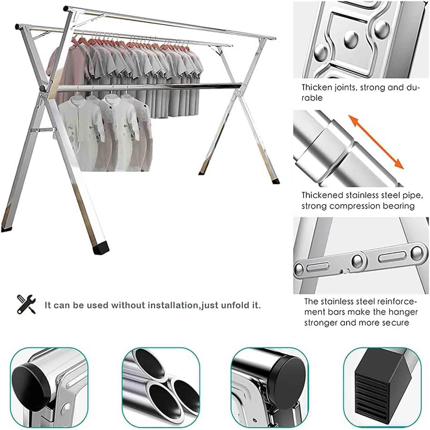 Yunking 79 Inches Clothes Drying Rack, Stainless Steel Garment Rack Adjustable and Foldable Space Saving Laundry Drying Rack for Indoor Outdoor with 20 Windproof Hooks image number 1