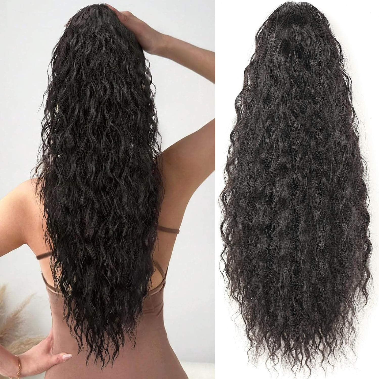 Samtress Ponytail Extension, 24 Inches, Long Curly Wavy Drawstring Ponytail Hair Extensions, Hairpiece Clip in for Daily Use Party for Women (#Black)