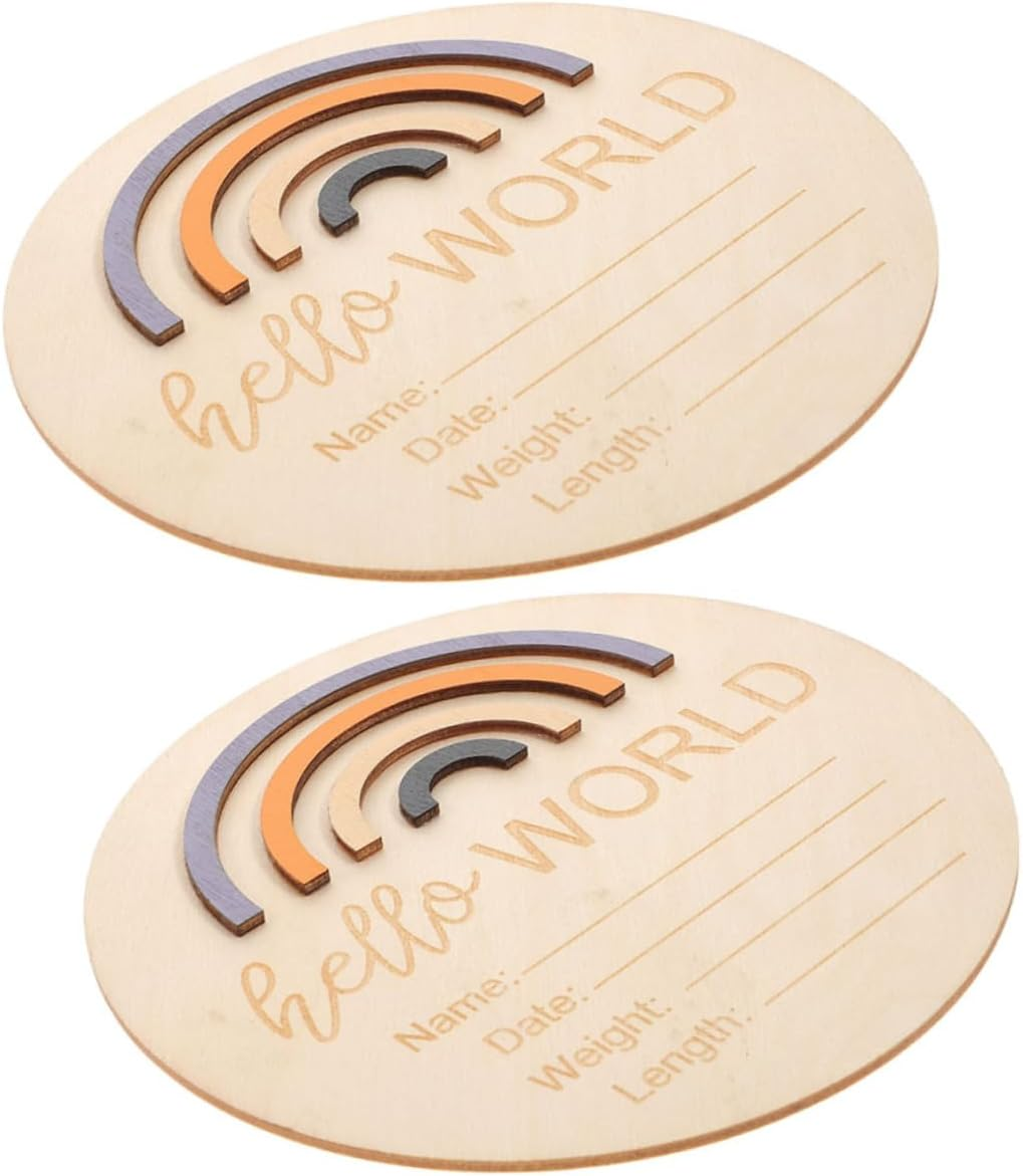 INOOMP 2Pcs Birth Announcement Sign round Wooden Name Plaque for Newborn Milestone Decor Unique Rainbow Design for Shower and Photography Props image number 1
