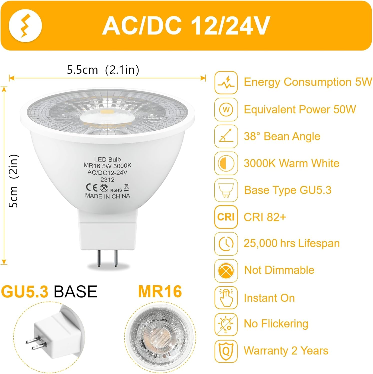 MR16 LED Bulbs Warm White 3000K, AC/DC 12V/24V GU5.3 LED Spotlight Bulbs, 5W 470LM Light Bulb Equivalent 50W MR16 Halogen Bulb, Non-Dimmable, 38&deg; Beam Angle, for Landscape, Track Lighting, 6 Pack image number 5