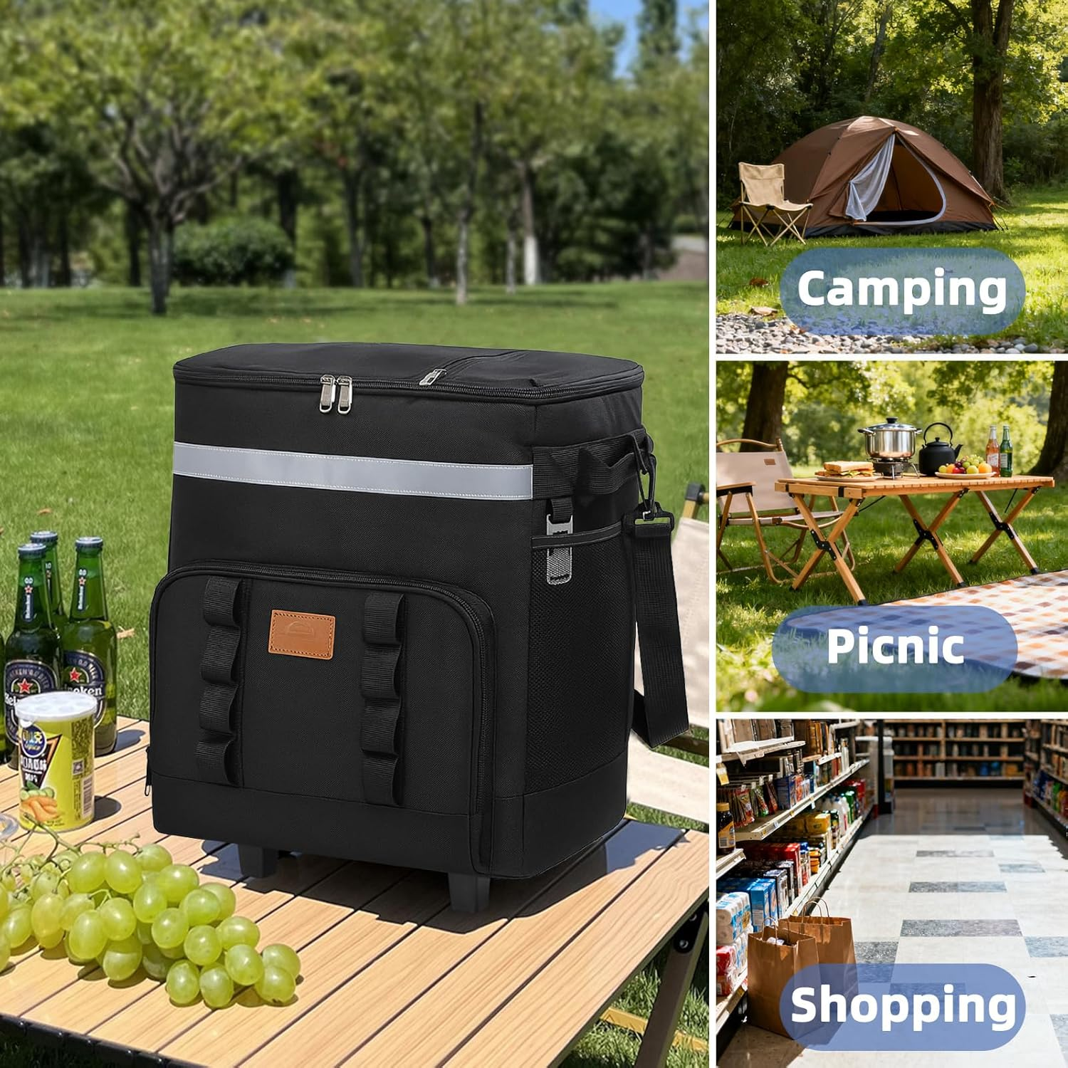 35L Collapsible Insulated Cooler Bag, Black Large Lunch Box, Leakproof Multi-Purpose Cooler with Wheels and Handle for Camping, Picnic & Grocery image number 2