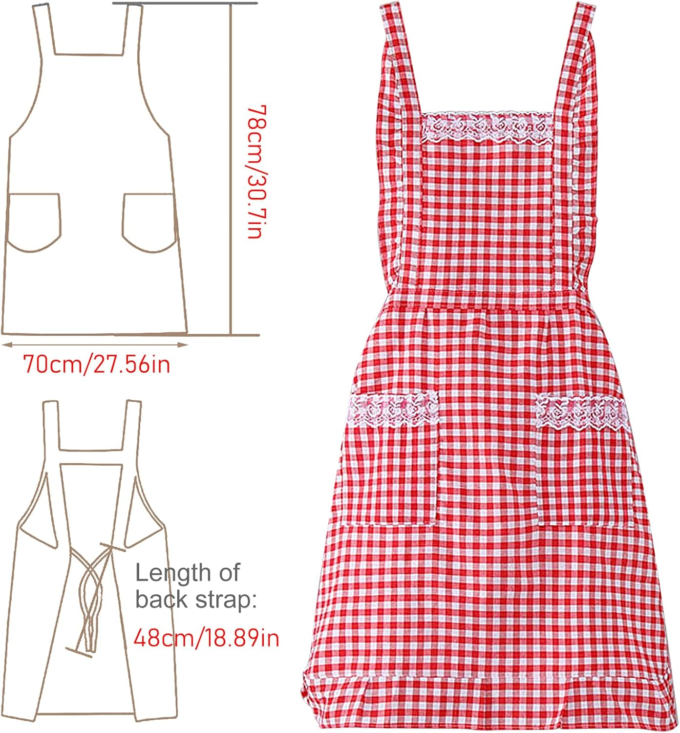 JJYHEHOT Women Classic Vintage Apron, Red and White Gingham Cotton Apron, Home Kitchen Chef Bib, Red image number 1