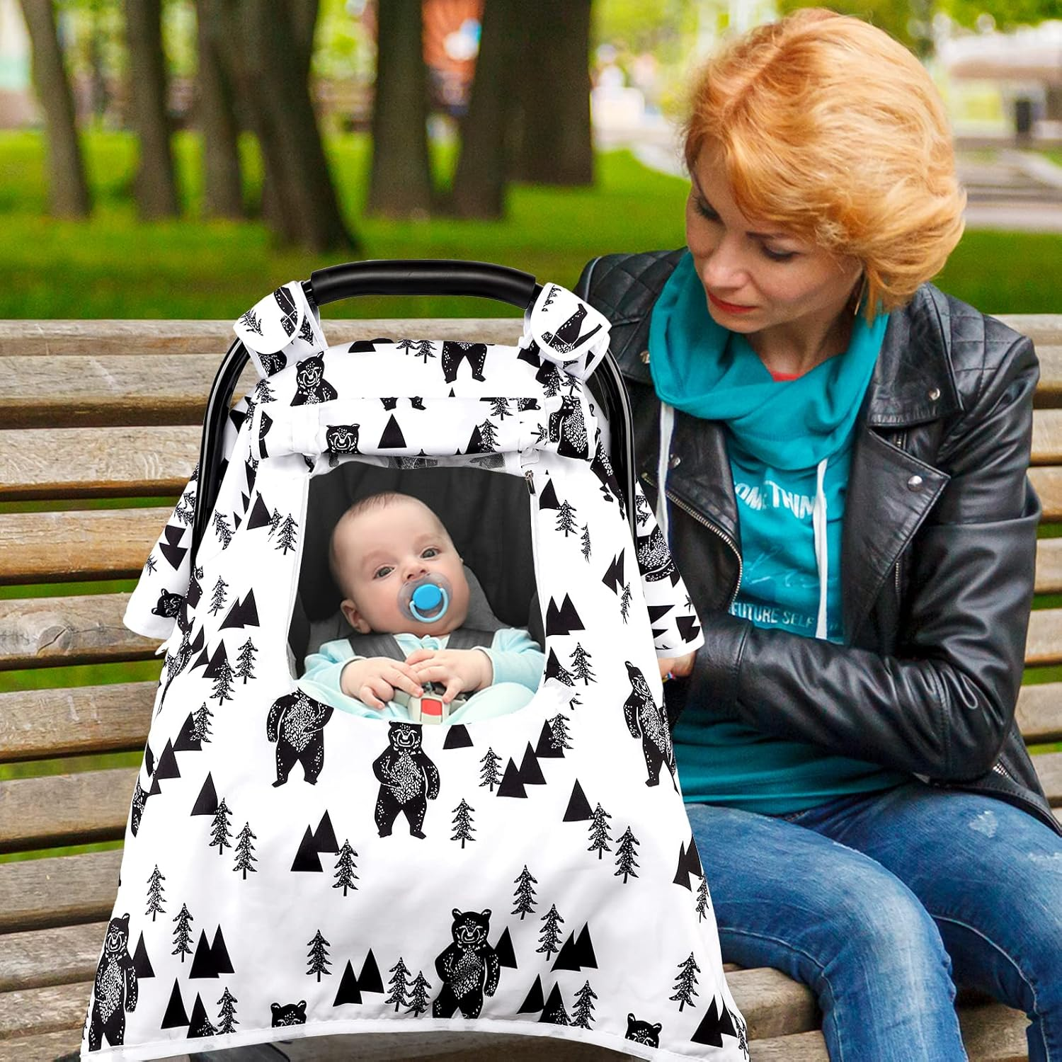 Baby Carseat Cover Boys, Newborn Car Seat Canopy, Minky Cozy & Warm Cover, Winter Carrier Cover with Peep Windows, Soft & Breathable, Bear Stuff image number 6