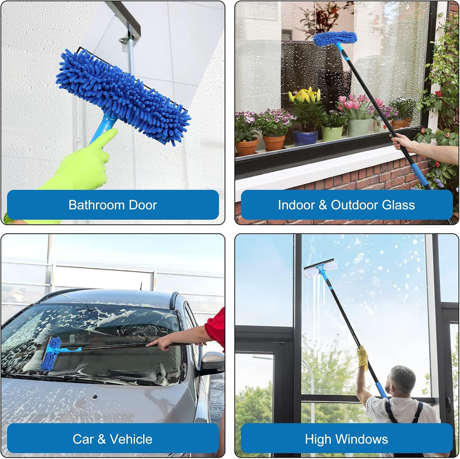 Professional 69'' Window Squeegee Cleaner Tool with Extension Pole, 2-In-1 Squeegee for Window Cleaning Kit with Scrubber and Rotating Head, 1 Blade 2 Scrubber (Blue) image number 1