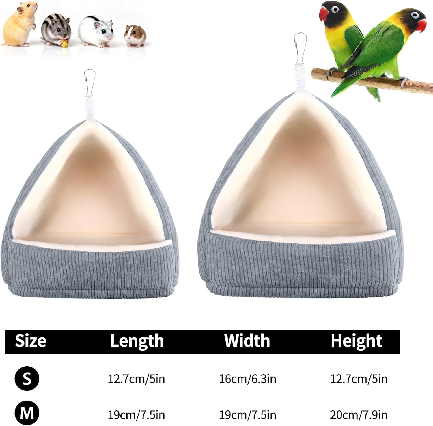 Hoopttay Medium Winter Warm Bird House and Bird Bed for Cage with Soft Plush Hanging Hammock & Hut Tent, Hideaway Sleeping Nest for Budgies, Parakeets, Cockatiels (Grey, M)