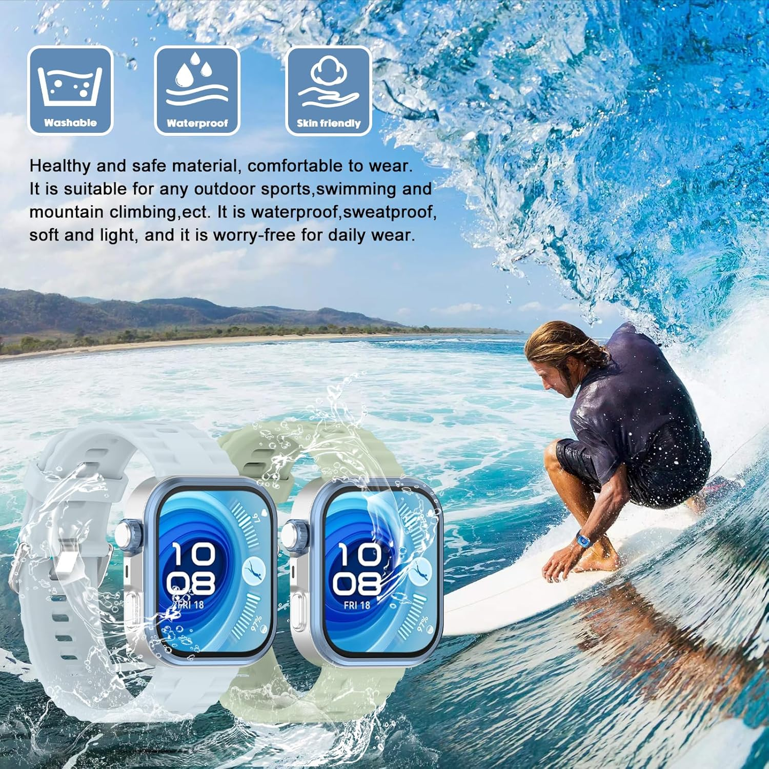 Dhwgang 2 Silicone Bands Compatible with Huawei Watch Fit 4 Pro / Fit4 / Fit3 Smartwatch Replacement Wristbands, Soft, Comfortable, Waterproof, Breathable, Sports Watch Strap Accessories - Black  Navy image number 4