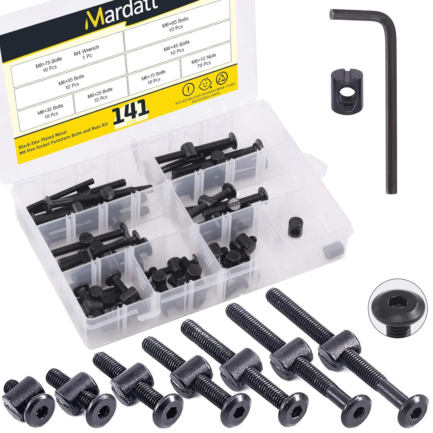 140Pcs M6 Crib Screws Hardware Replacement Kit Black Hex Socket Cap Bolts Crib Bolts and Barrel Nuts Cross Dowel Assortment Kit M6X15/25/35/45/55/65/75Mm for Furniture image number 6
