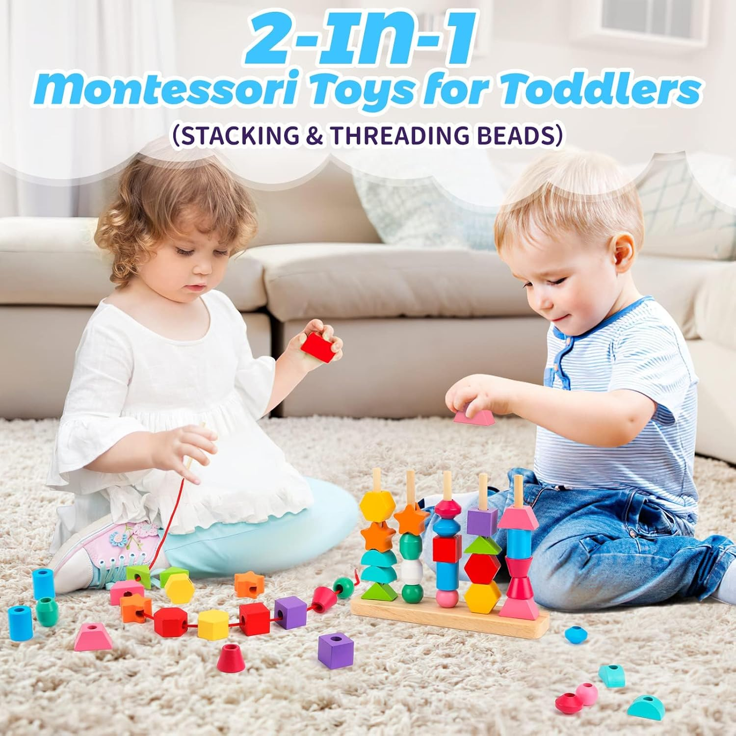 Montessori Wooden Beads Sequencing Toy Set, XICEN Stacking Blocks & Lacing Beads & Matching Shape Stacker for 3+ Year Old STEM Preschool Learning Montessori Toys Gifts for Kids Boy Girl image number 1