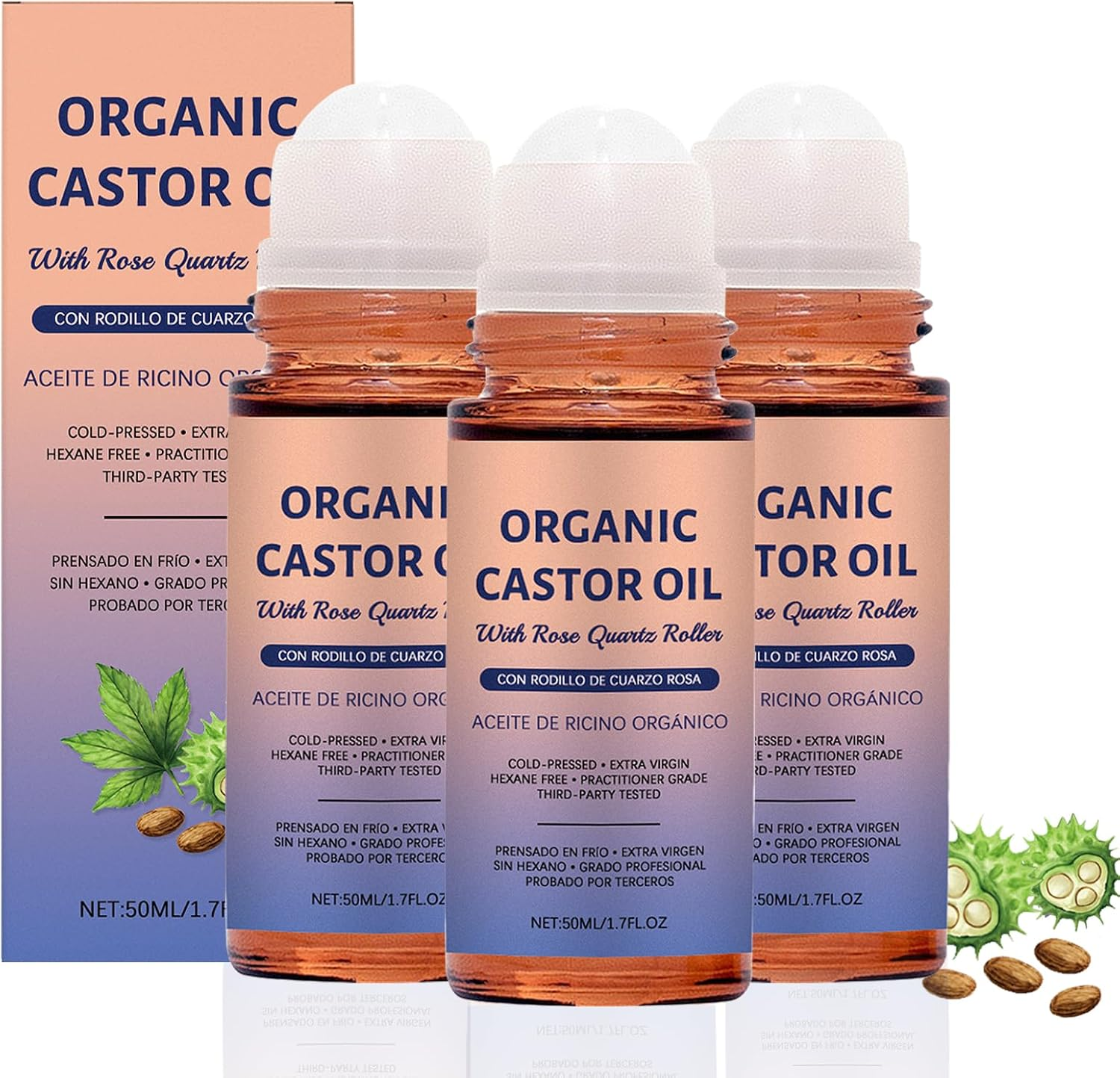 Organic Castor Oil with Rose Quartz Roller, Cold Pressed, Organic Castor Oil Roller Ball, 1.7 Fl Oz, Hexane Free, Nourishing Skin, for Face, Tummy, Body and Skin, Amber Glass Bottle (5PCS)