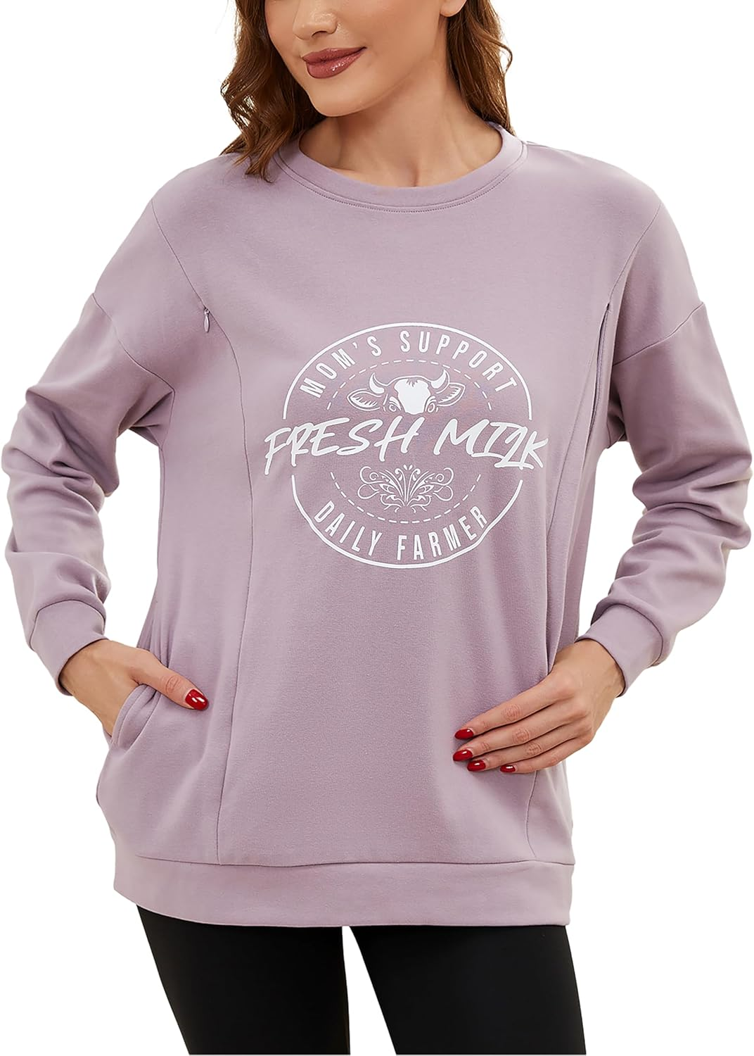 Liu & Qu Women'S Oversized Maternity Nursing Sweatshirt with Hidden Zippers Pullover Long Sleeve Breastfeeding Shirts