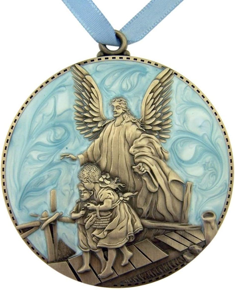 Pewter and Enamel Crib Medal with Guardian Angel for Baby Nursery Decor 3 Inch (Blue)