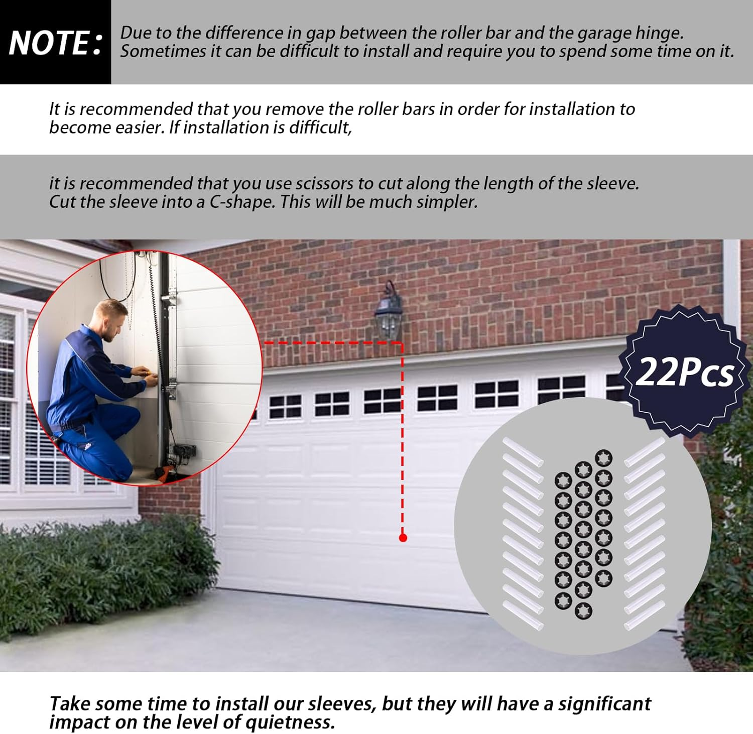 22Pcs Garage Door Quiet Hinge Sleeves Shaft Gaskets Compatible with New Rollers or Rollers with Clean Stems (Id-11Mm; Od-11.90Mm; L-80Mm) image number 1