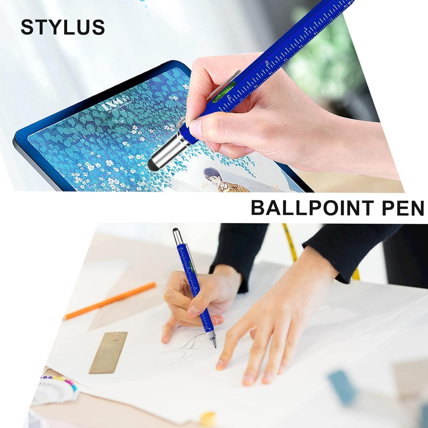 Gifts for Men, 6 in 1 Multitool Pen Set - Touchscreen Stylus, Ruler, Level, Screwdriver Set, Ballpoint Pen - Birthday Gifts for Him, Dad, Husband, Grandpa, Teacher Gifts (Blue)