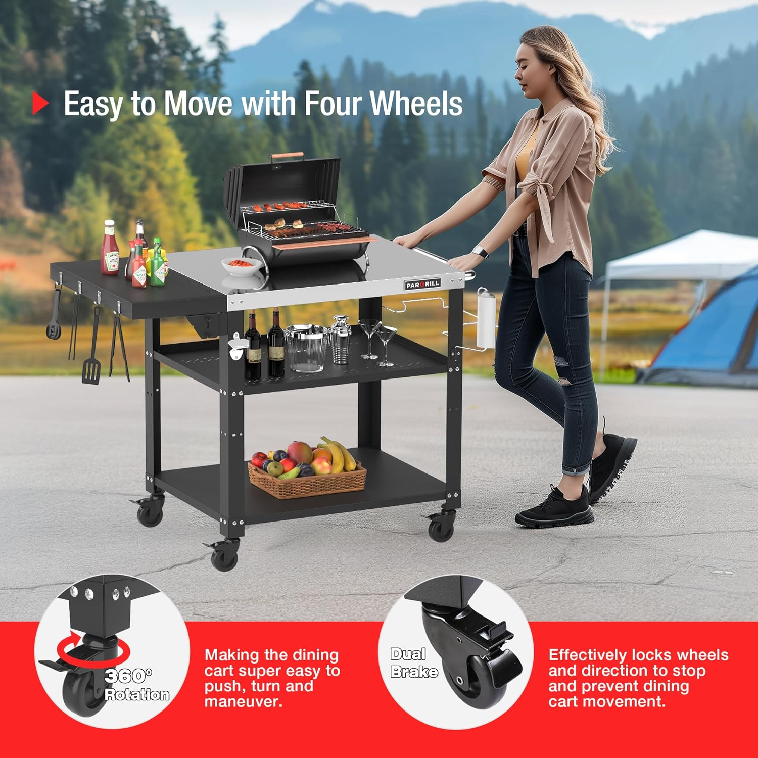 46.6" L X 20" W Three-Shelf Outdoor Grill Table, 4 Swivel Casters with Brake, Movable Outdoor Prep Table with Foldable Side Table, Stainless Steel Pizza Oven Table, BBQ Grilling Table image number 3