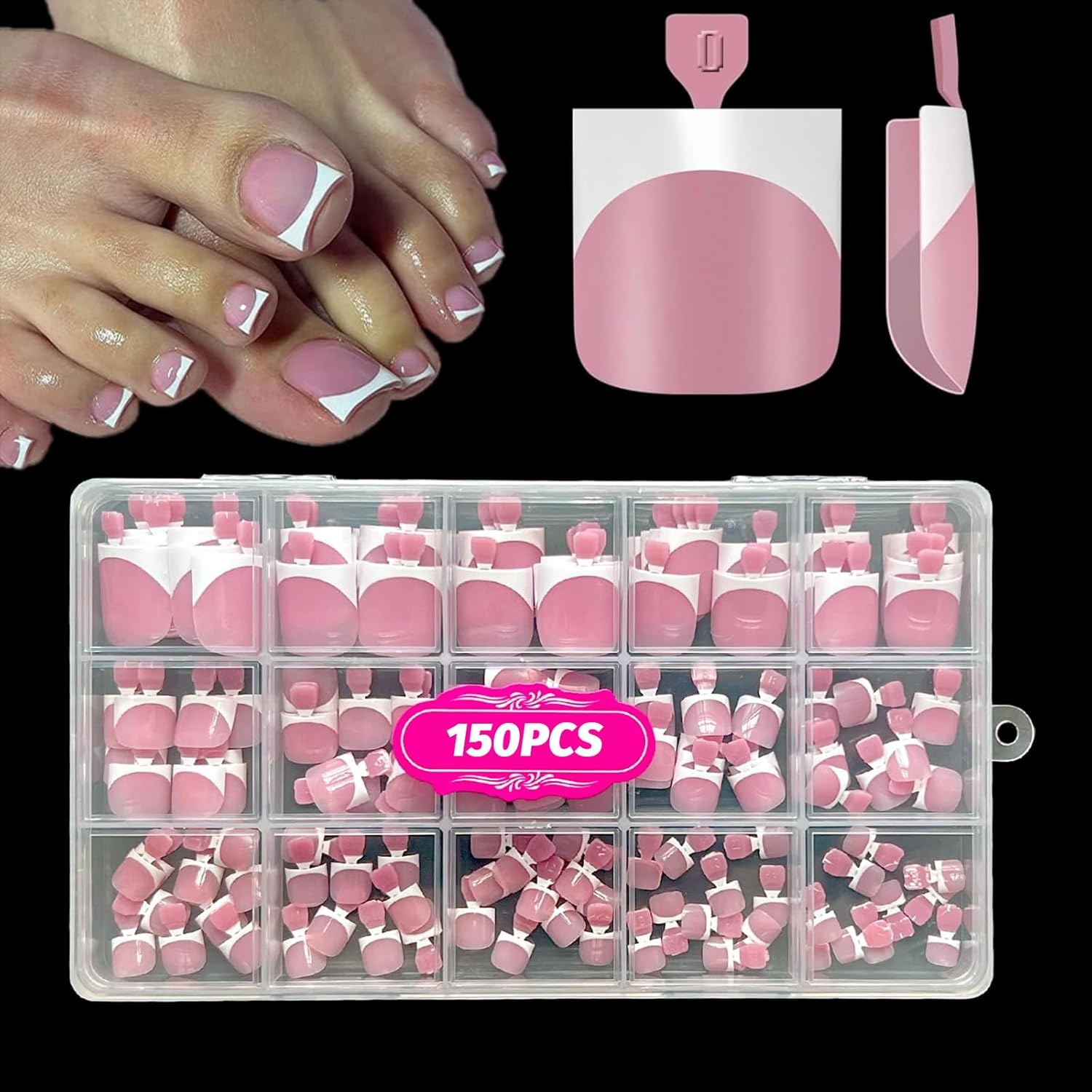 Toe Nail Tips Press on French Fake Short Toe Tips, 150Pcs Tip Toe Nail Press Ons, Square round Acrylic Press on Toenails, 15 Sizes French Wearable Full Cover Fake Toenails(Berry Pink) image number 5