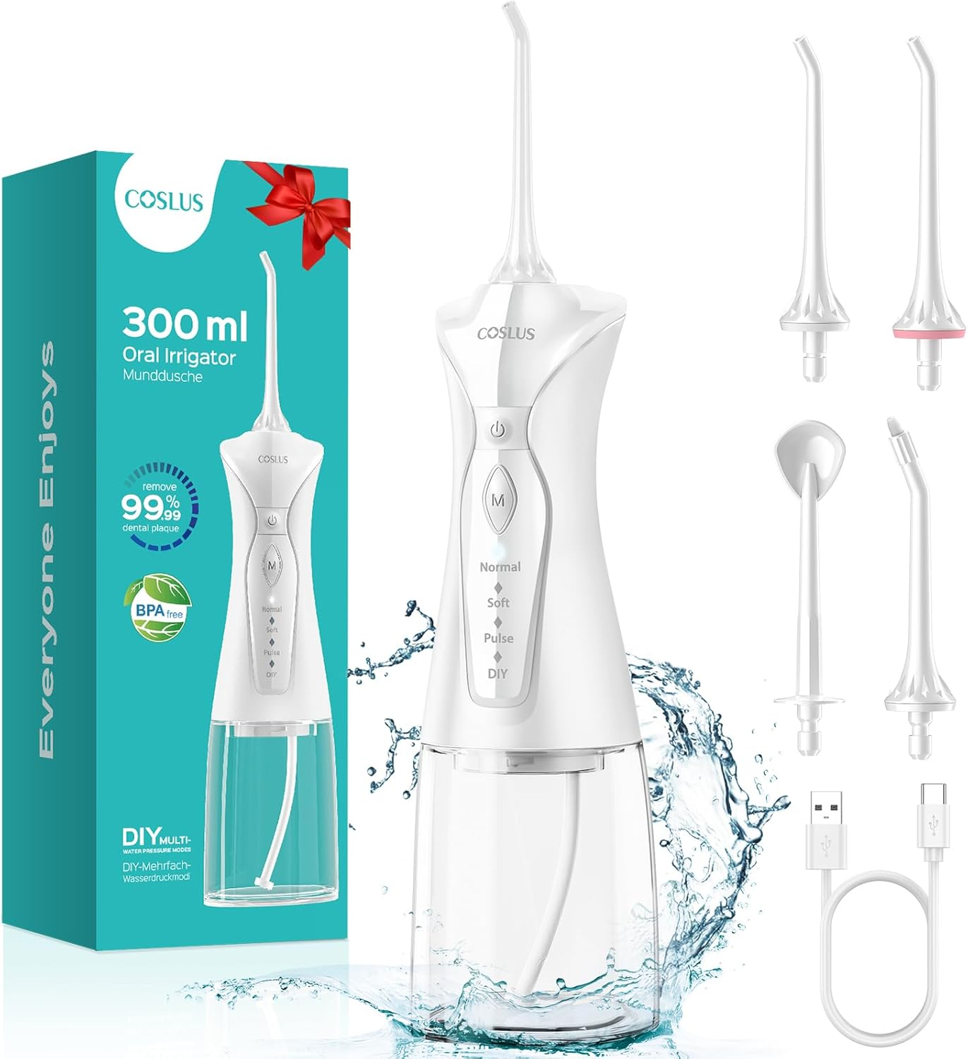 Water Dental Flosser Pick for Teeth: COSLUS 4 Modes Portable Cordless 300ML Larger Tank, Oral Irrigador IPX7 Waterproof Rechargeable Water Teeth Cleaner Flossing Cleaning Picks for Travel Home Black