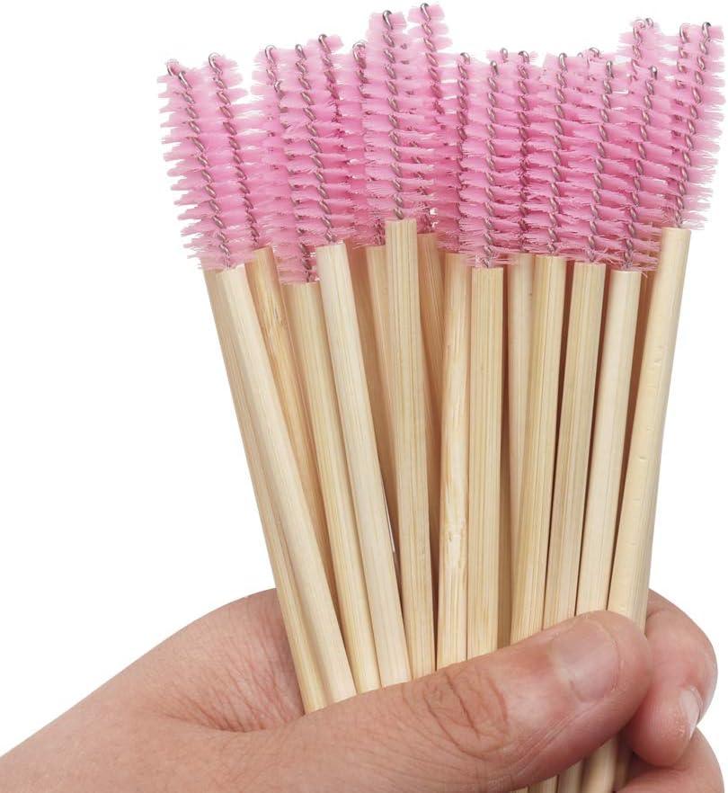 Myaokue-Up 100 Pack Bamboo Handle Mascara Wands Disposable Eyelash Brushes Lash Extension Tool, Pink - Blue image number 5