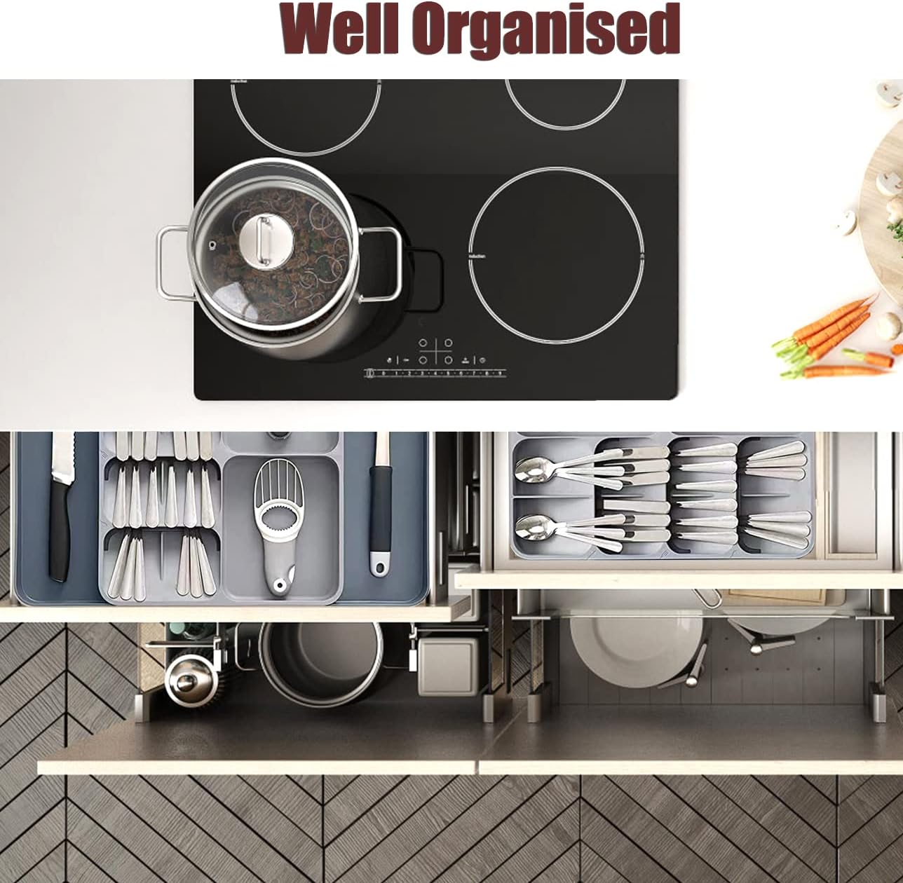 FOREVERIE Extendable Cutlery Drawer Organiser & Utensil Tray &ndash; Adjustable Width (28-53Cm), 39Cm Organizer Depth (Fits 40Cm+ Drawers), 5.5Cm Low Profile, Knife, Fork & Spoon Storage, Space Saving Grey