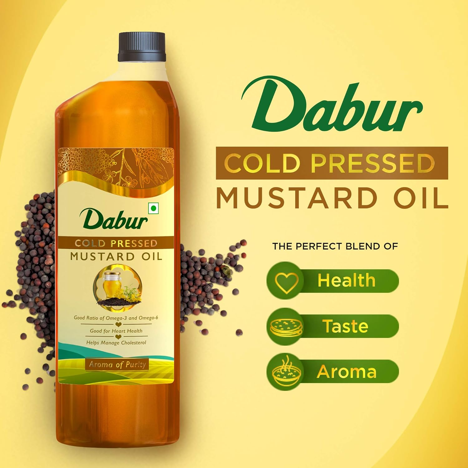 Dabur Cold Pressed Mustard Oil 1L | Healthy Cooking Oil | Goodness of Omega 3 & 6 | Perfect Blend of Health, Taste & Aroma