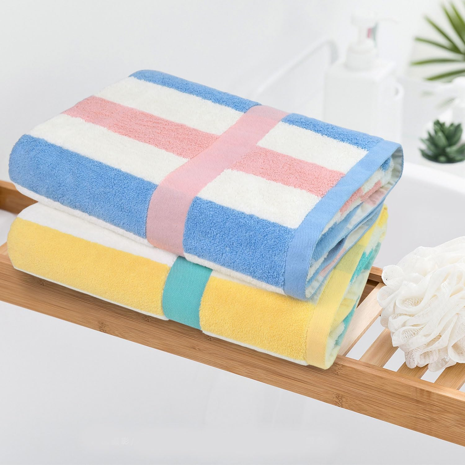 100% Cotton Bath Towels Set of 2, Highly Absorbent Towels for Bathroom, Hotel, Spa, Large Bathroom Towels Striped 55 X 27.5 Inches (Peach-Pink & Teal) - Green  Lilac image number 2