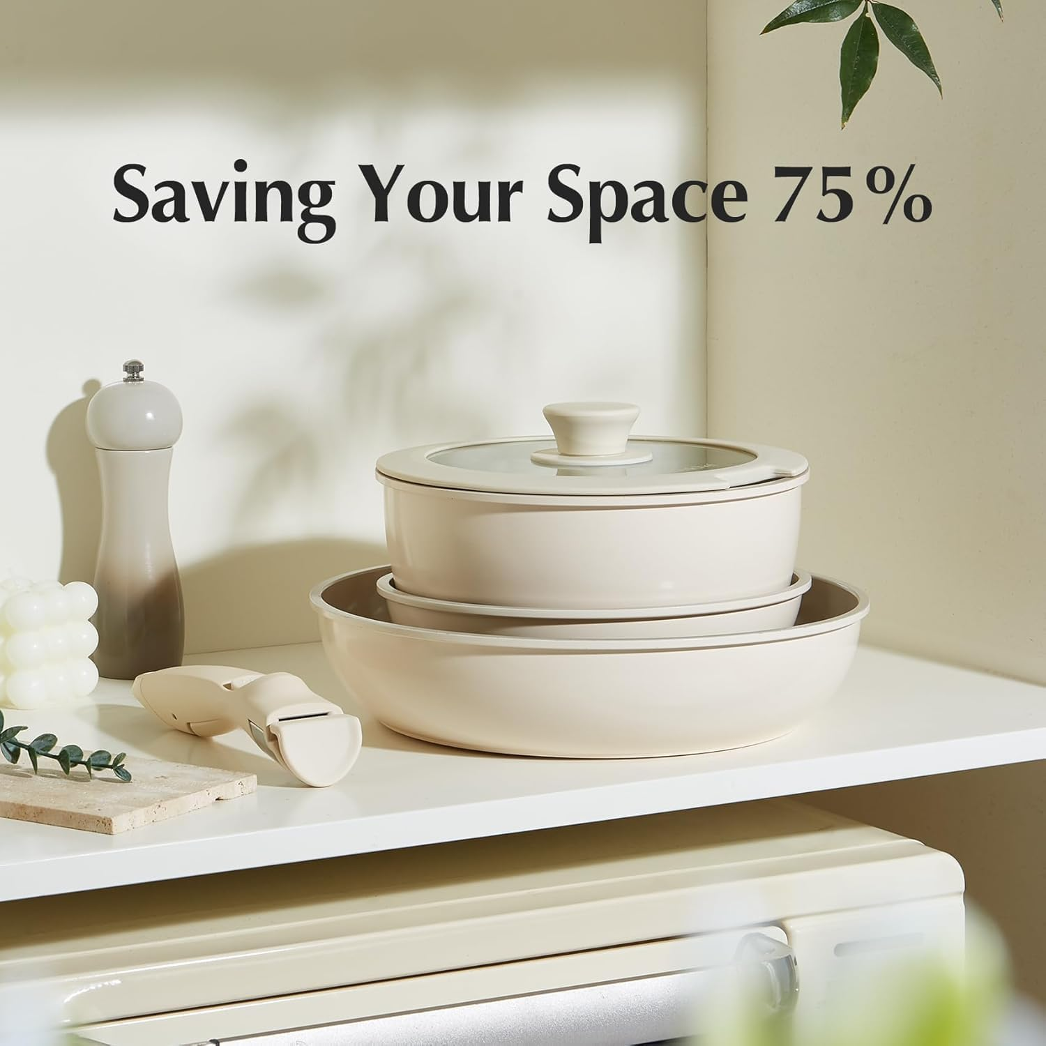 PTEROMYS Ceramic Pots and Pans Set Non Stick, Non Toxic Pots and Pans Set Non Stick Frying Pans, Detachable Handle Pots and Pans 5 Piece. (White) image number 3