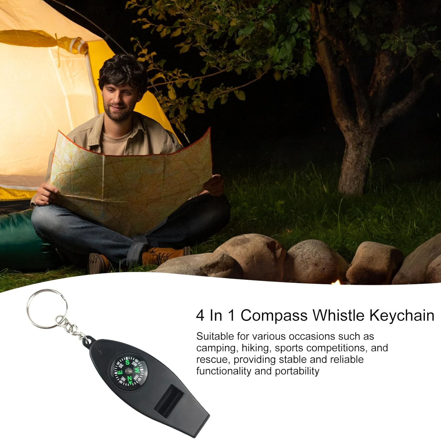 Safety Whistle Keychain &ndash; Survival Emergencys Whistle, Outdoor Signal Tool | 4 in 1 Compass Thermometer Accessory, Loud Hiking Safety Device, for Camping Adventures and Wilderness Exploration