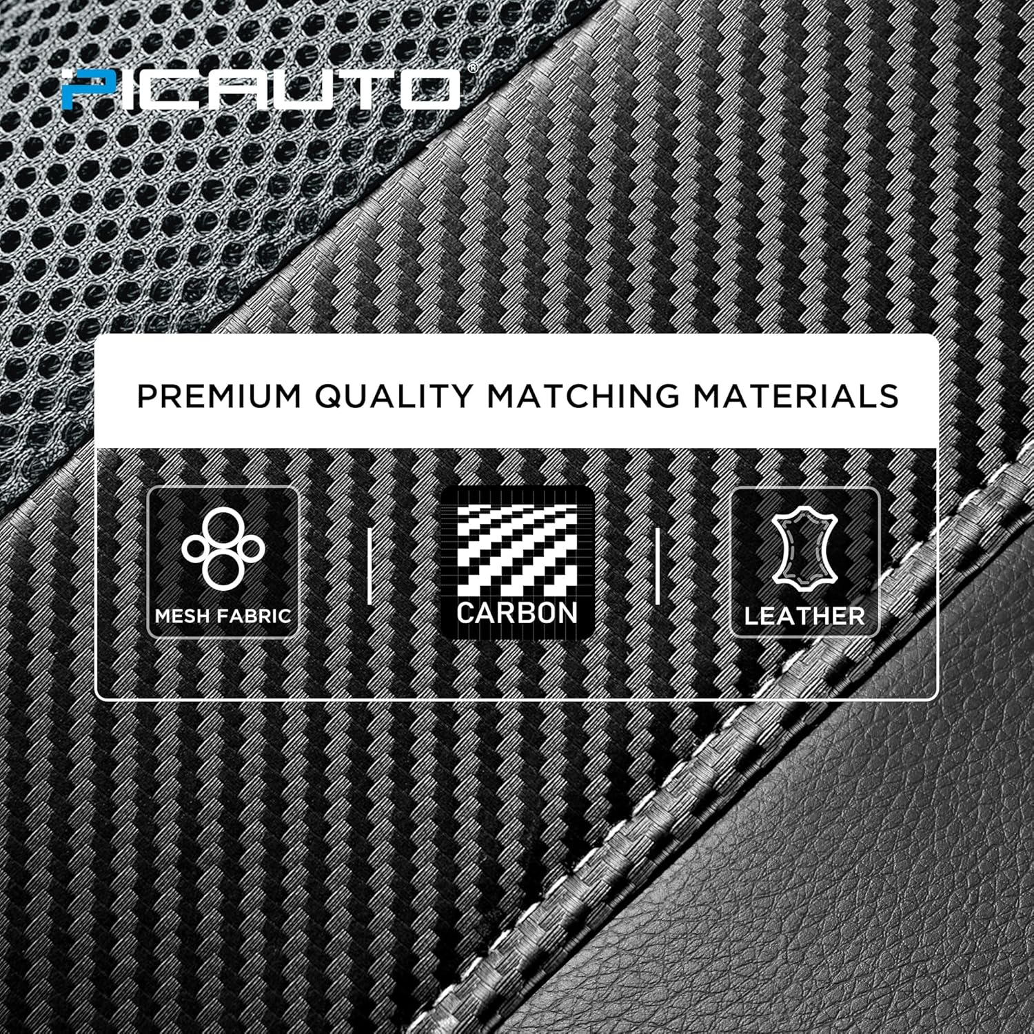 PIC AUTO Leather Car Seat Covers, Sports Carbon Fiber & Mesh Design, High-Back Full Set, Waterproof Automotive Seat Covers, Airbag Compatible, Universal Fit for Cars, Suvs, Trucks (Black & Gray) image number 4