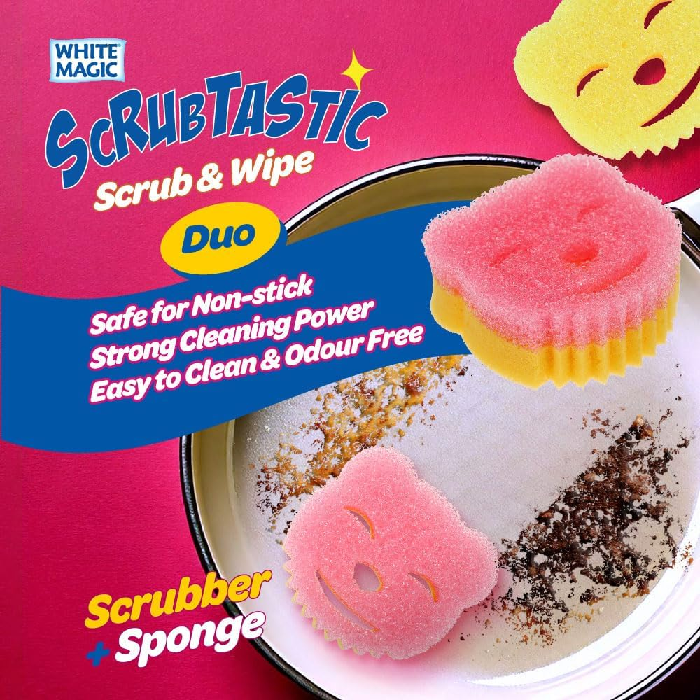 White Magic Scrubtastic Scrub & Wipe Sponge Duo 3 Pack &ndash; Dual-Action, Firm in Cold & Soft in Warm, Ergonomic Bear Shape, Scratch-Free, Odour Resistant, Safe for All Surfaces image number 1