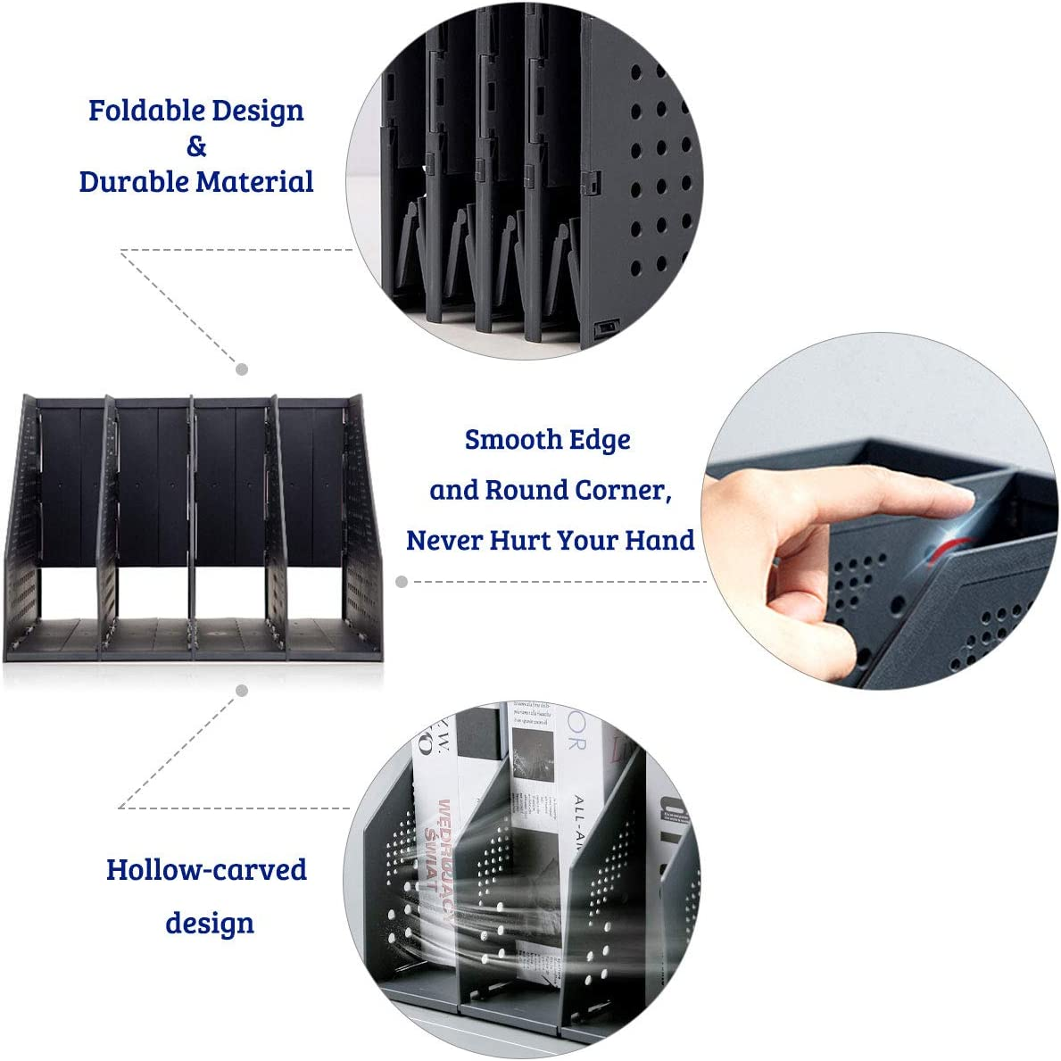 SAYEEC Collapsible File Organizer Magazine Holder Desktop 4 Compartment File Holder Plastic Divider Sorter Adjustable Stand Office Document Organizer Storage Bins Home School File Box (Black) image number 4
