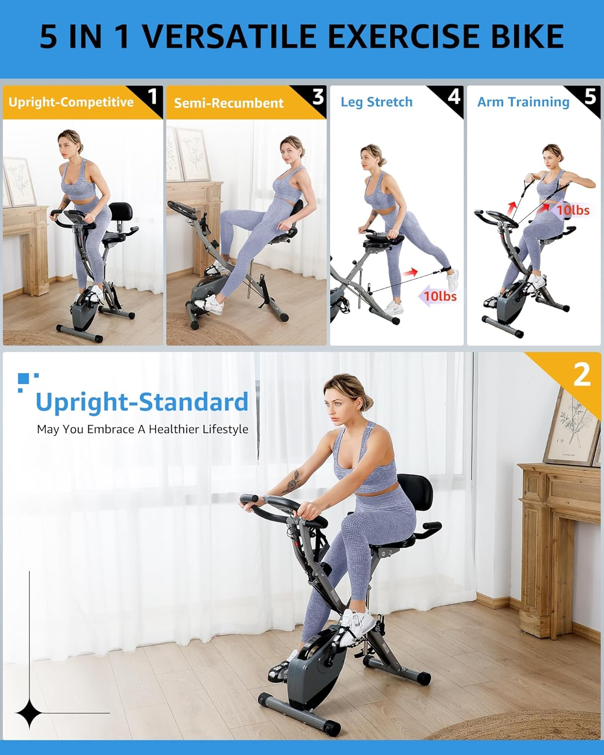 LINBOLUSA Indoor Exercise Bike for Seniors, 5 in 1 Foldable Stationary Bike with 16-Level Magnetic Resistance and Tri-Position Ride, 330LBS Capacity, 6.6 LBS Flywheel, Designed for Home Workout 818 Gray image number 1