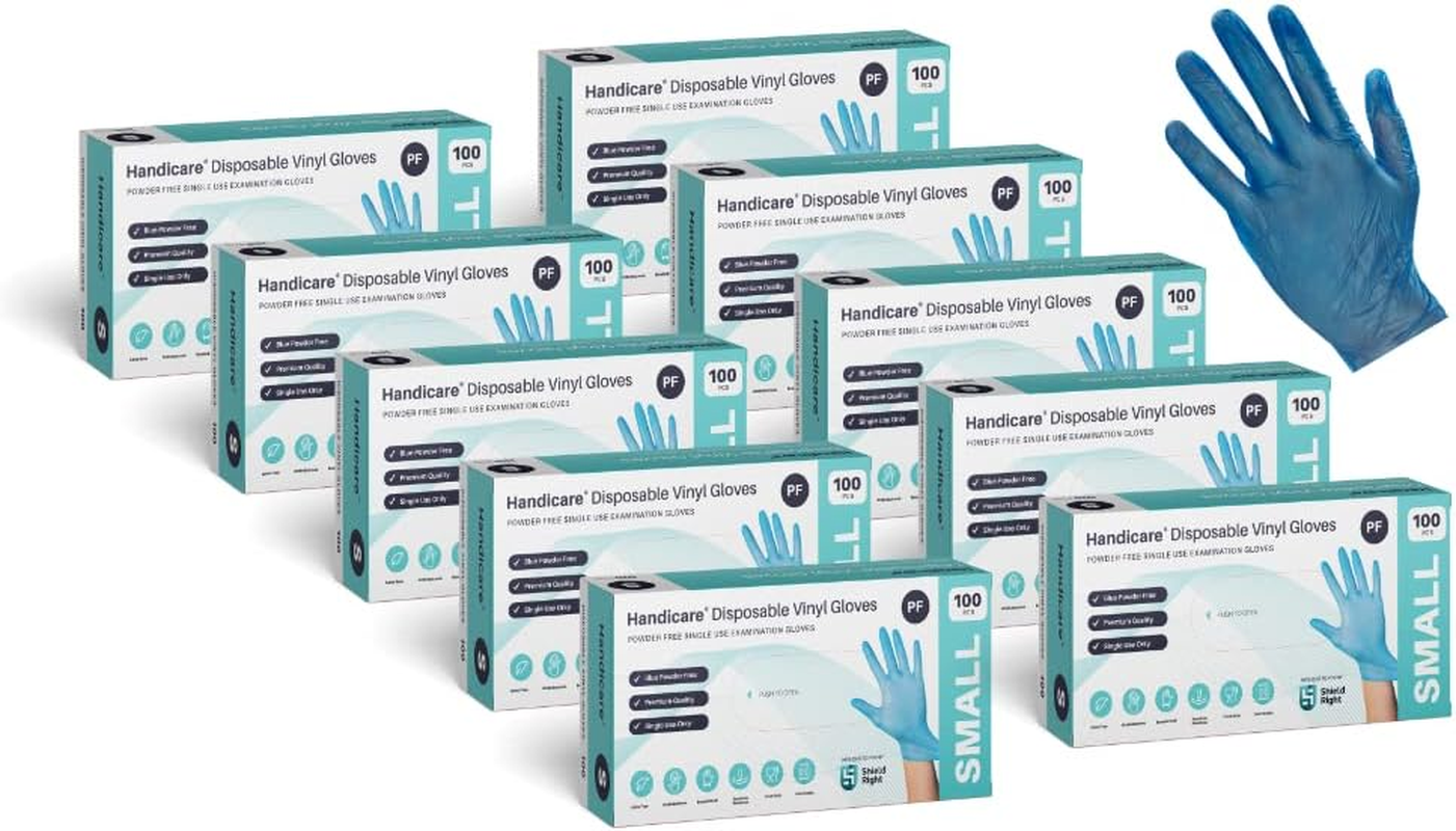 1000 Count Handicare Medical Vinyl Examination Gloves Latex Free Rubber (10 Boxes of 100) | Disposable, Ultra-Strong, Clear | Fluid, Blood, Exam, Healthcare, Food Handling Use | No Powder