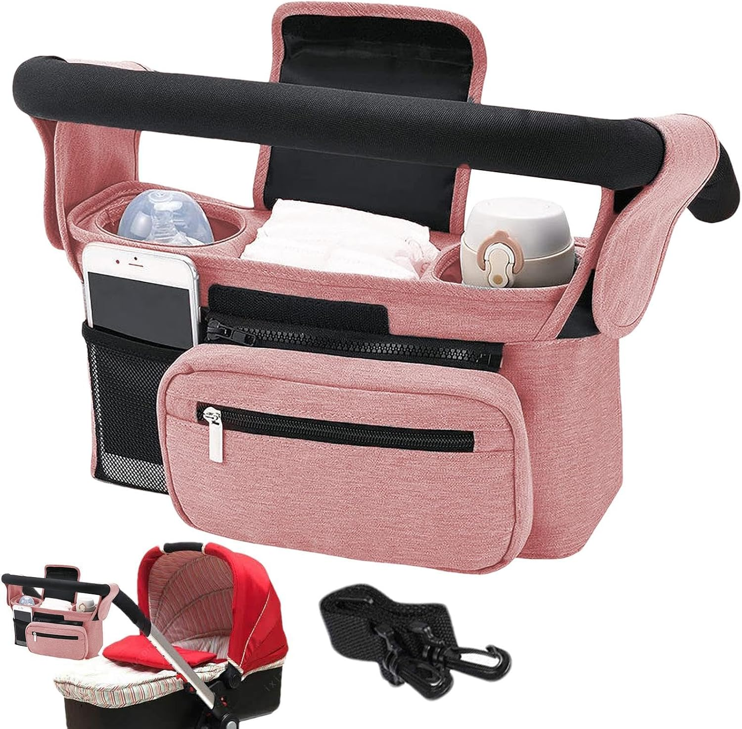 Stroller Bag Organizer | Water-Resistant Stroller Bag Attachment Baby Stroller Bag,Stroller Accessory Bag Stroller Pouch with Multiple Pockets for Bottles Diapers Wipes - Gray image number 7