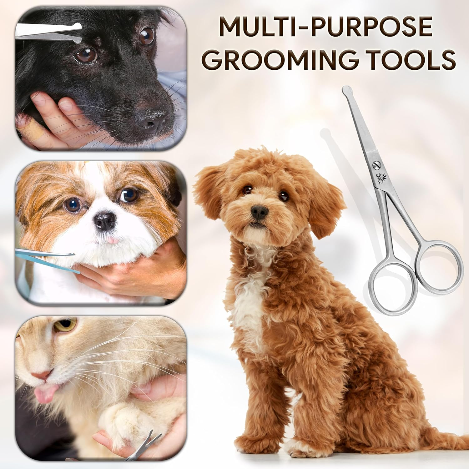 ARSUK Dog Scissors for Grooming Face and Paws, Ear and Eyes - Blunt Rounded Tip to Trim Any (Cat and Dog) Hair Securely Length 4.5-Inch Stainless Steel