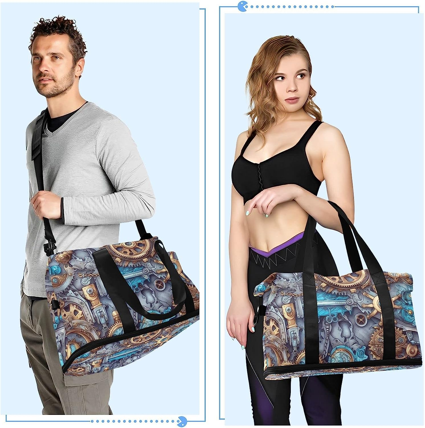 AIXIWAWA Steampunk Gears Duffel Gym Bag and Toiletry Bag Set with Shoes Compartment Trolley Sleeve Removeable Strap for Workout Travel Gym, Blue, 17.32&times;8.66&times;15.55 In image number 5