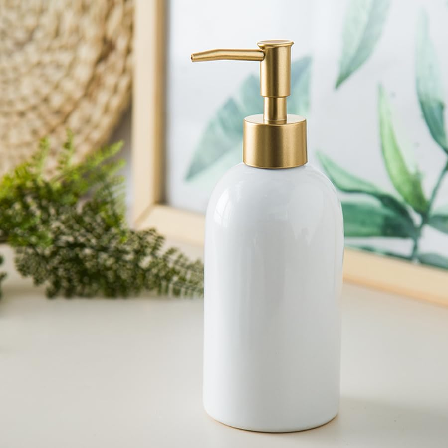 Feesok Ceramic Soap Dispenser White with Gold Pump,Simple Design Cylindrical Lotion Dispenser Bottle,Refillable Liquid Hand Soap Dispenser for Kitchen,Bathroom,Washroom