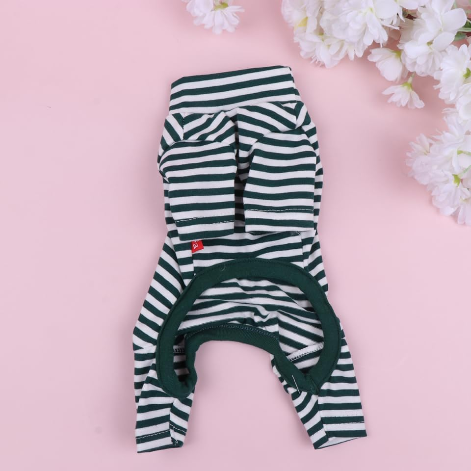 OATIPHO Green Striped Dog Jumpsuit, Cotton Spring Summer Pet Pajamas, Warm Puppy Clothes for Small Dogs, Xs Size, Ideal for Home and Party Wear image number 2
