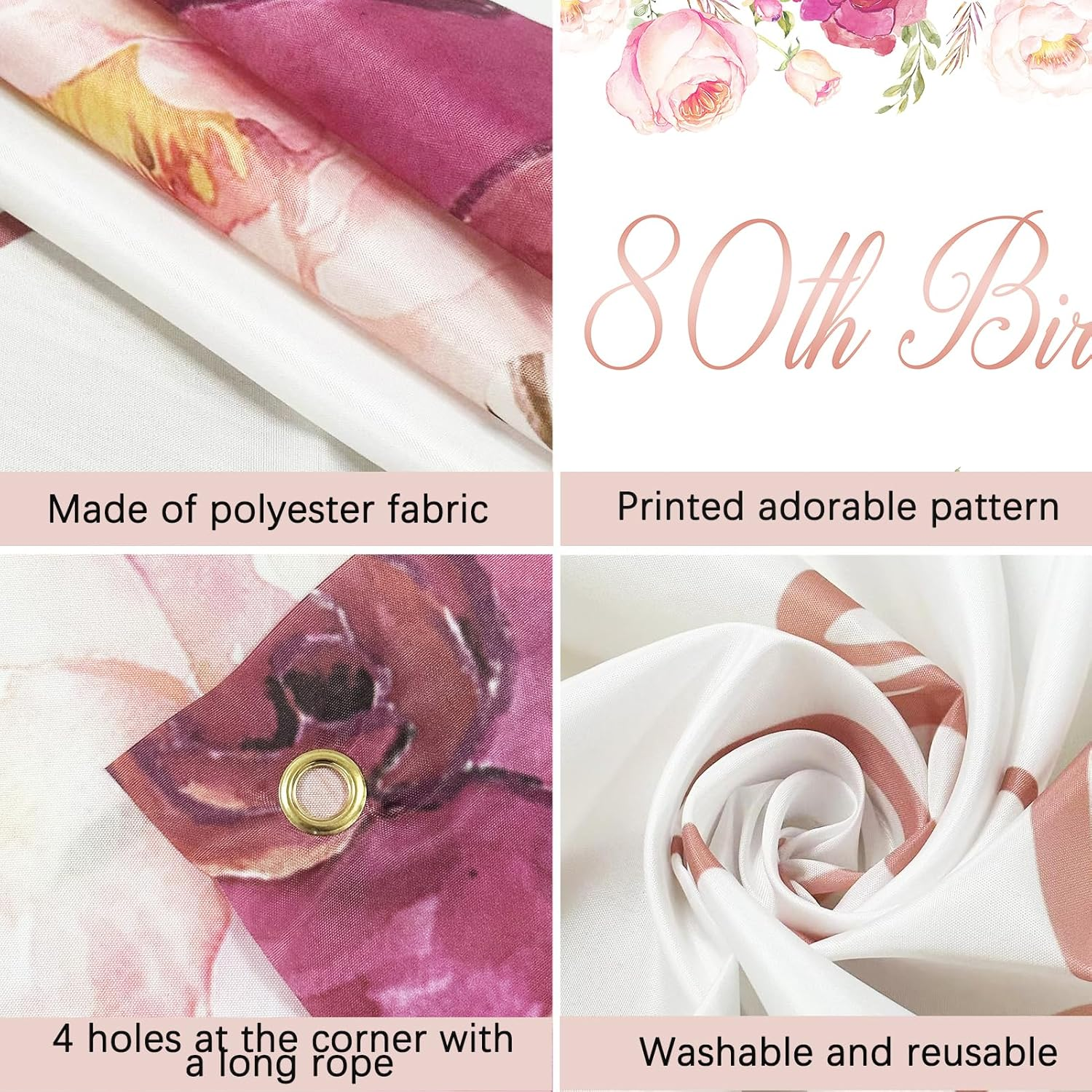 Vlipoeasn Elegant White Happy 80Th Birthday Decorations for Women Rose Gold Flower Peony Photography Backdrop for 80Th Birthday Party Surprise for Mother Cheers to 80 Years Old Birthday Party Supplies image number 6